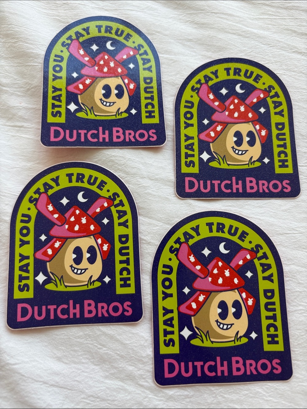 4 Dutch Bros Coffee 2023 Glitter Mushroom Stay You Stickers Pink Red Yellow Navy
